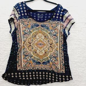 T-Shirt Size 1X Navy Mandala Boho Whimsycore Festival Lucky Brand Y2K Resortwear